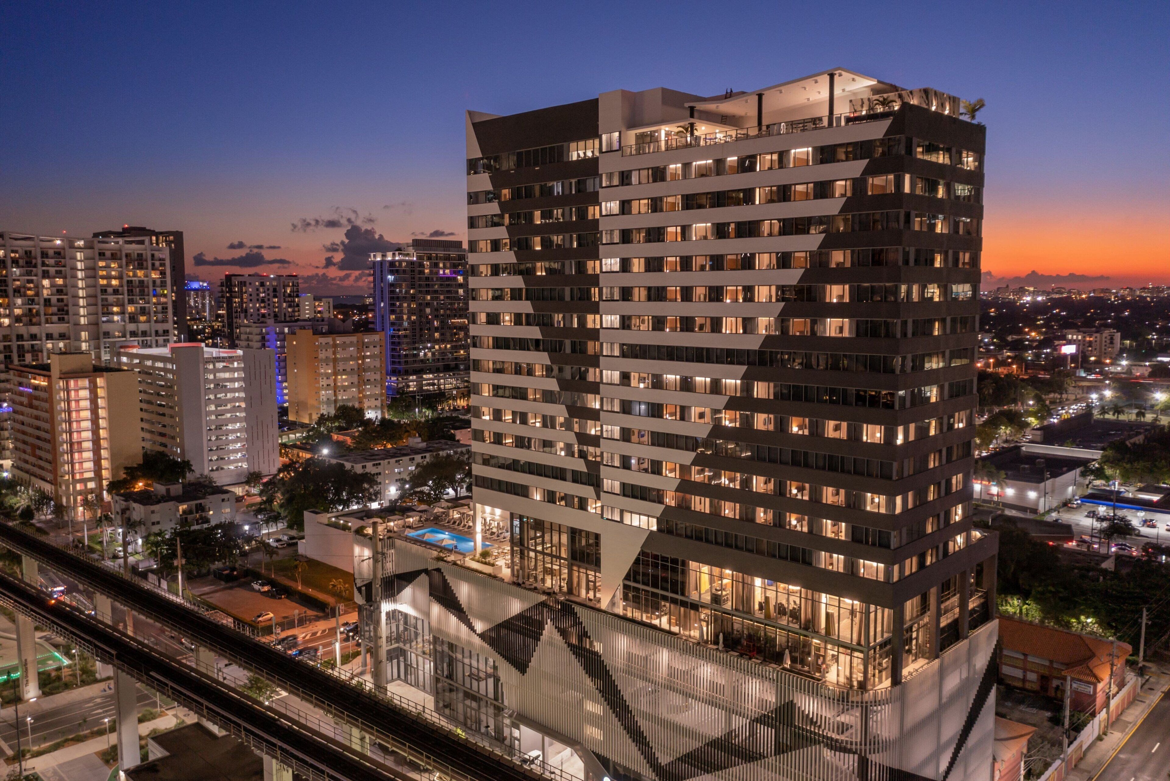 Hotel exterior and rooftop terrace at Element Miami Brickell