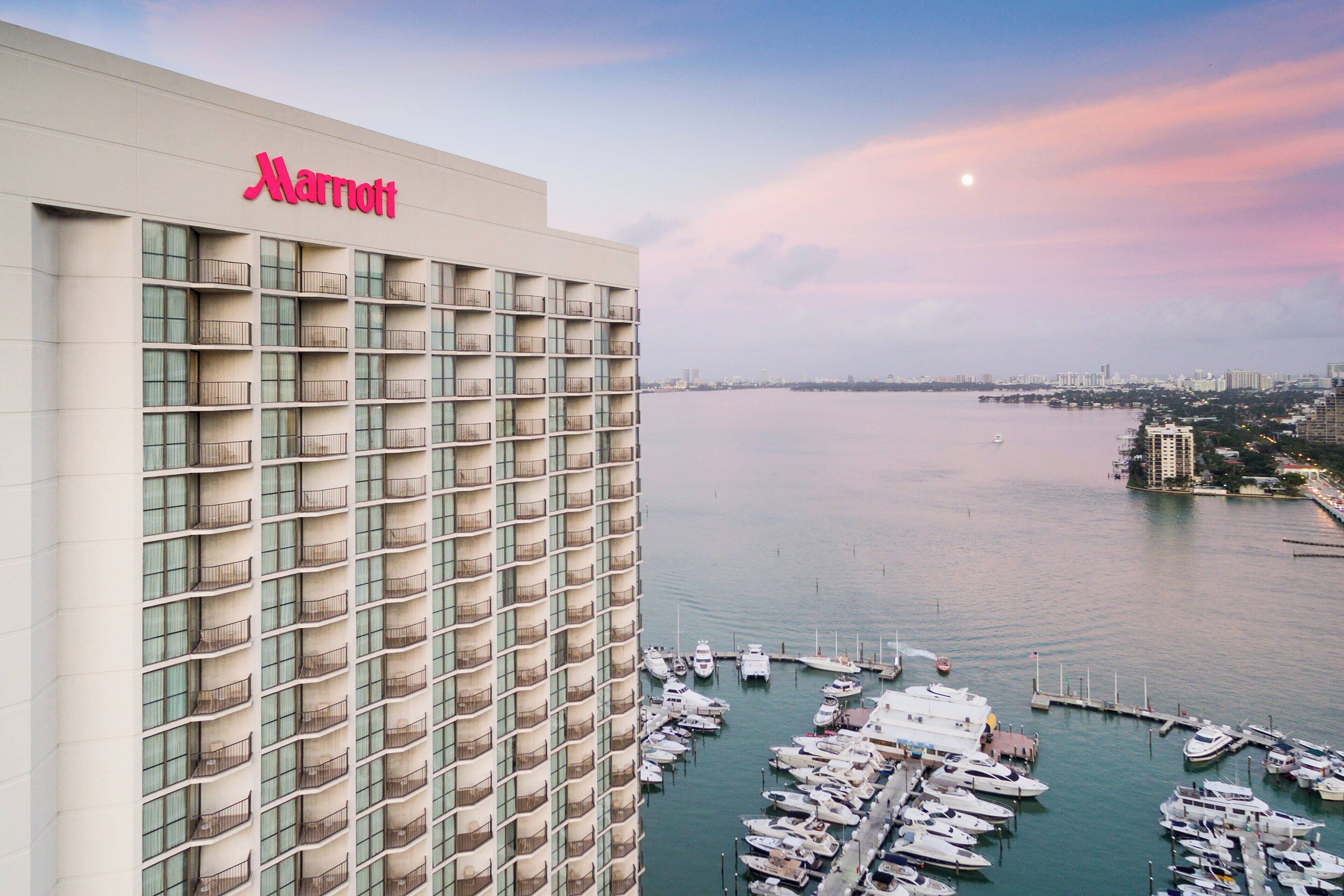 Hotel exterior and marina at Miami Marriott Biscayne Bay